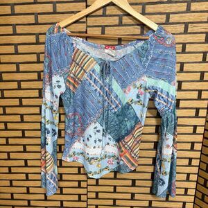 G.A.S. Blue Patchwork Print‎ Blouse Size Large